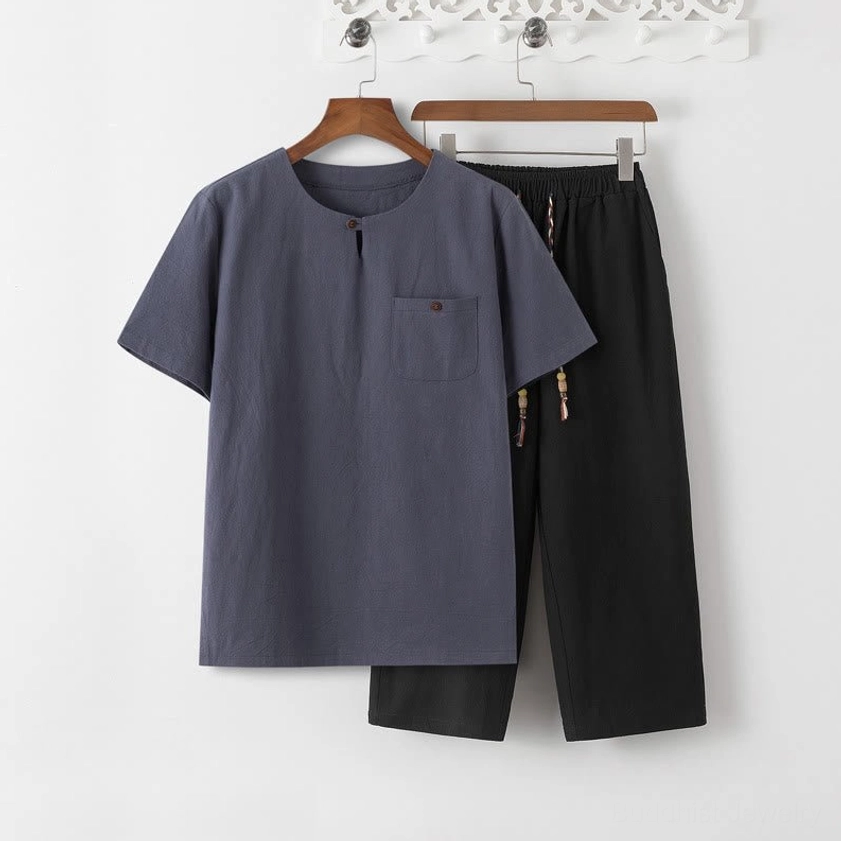 Buddhist meditation shirt and pants material composition - cotton linen blend fabric showing natural eco-friendly properties and breathable textile quality for spiritual wear