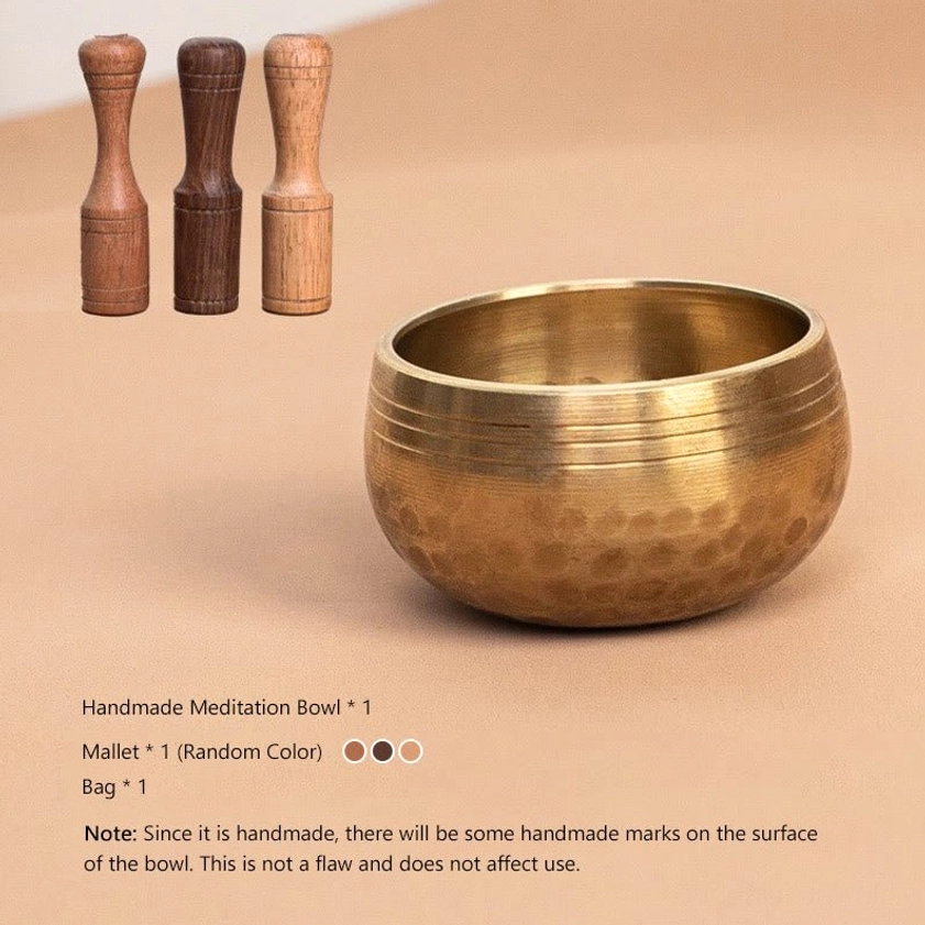 Complete singing bowl meditation set with handcrafted brass bowl, wooden mallets, and protective pouch