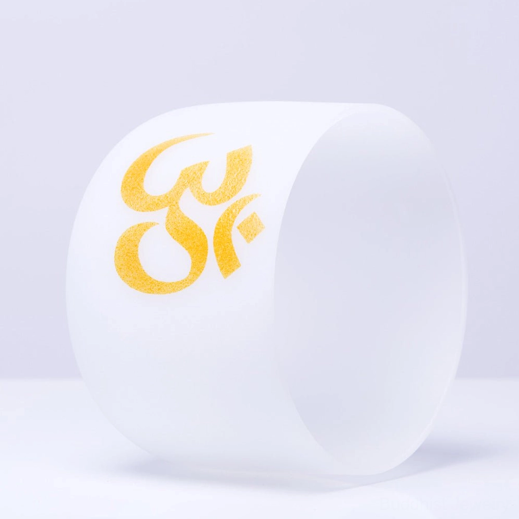 Handcrafted White Crystal Meditation Bowl - Lateral View with Golden Om Symbol Print