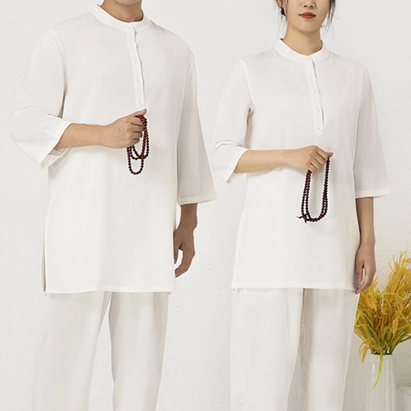 Unisex meditation and spiritual clothing set with dry flower styling, matching top and pants with stand collar, white