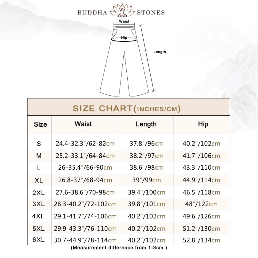 Women's meditation pants size chart displaying waist, hip and length measurements in centimeters and inches