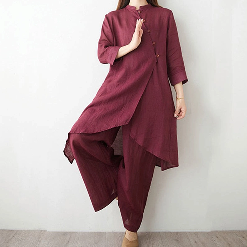 Dynamic pose of meditation tai chi clothing set showing movement and comfort