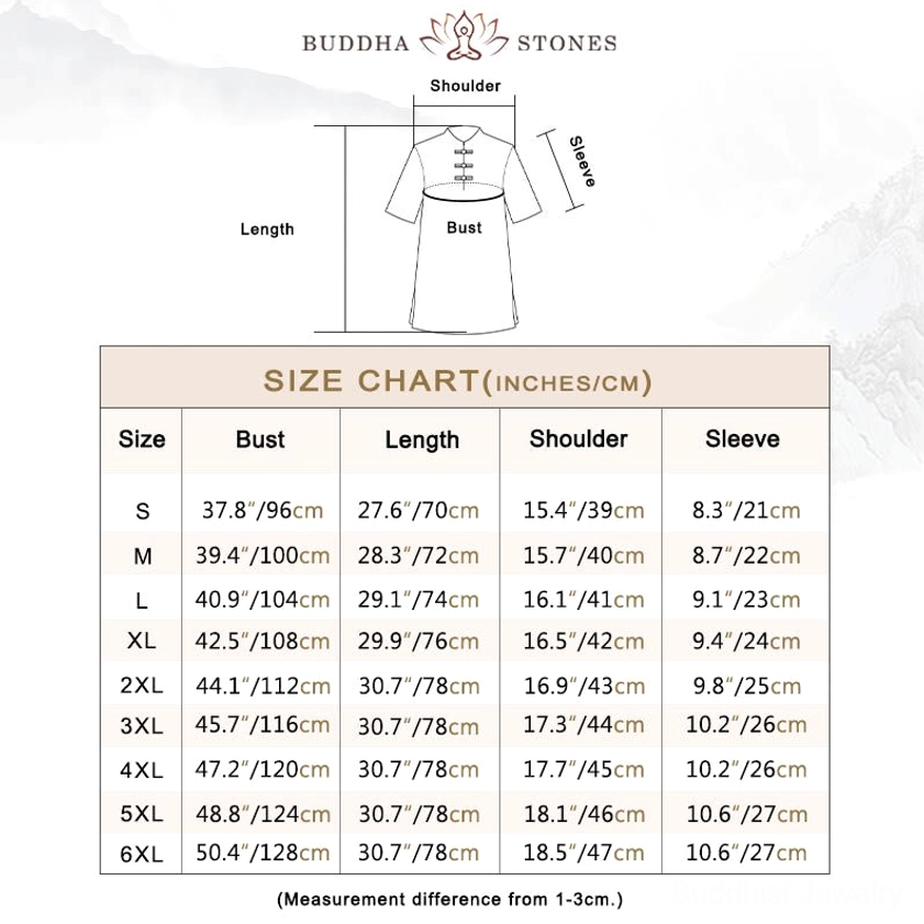 Women's meditation top size chart showing bust, length, shoulder and sleeve measurements in centimeters and inches