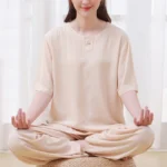 Unisex beige meditation Tai Chi uniform set front sitting view cotton linen breathing fabric