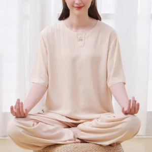 Unisex beige meditation Tai Chi uniform set front sitting view cotton linen breathing fabric