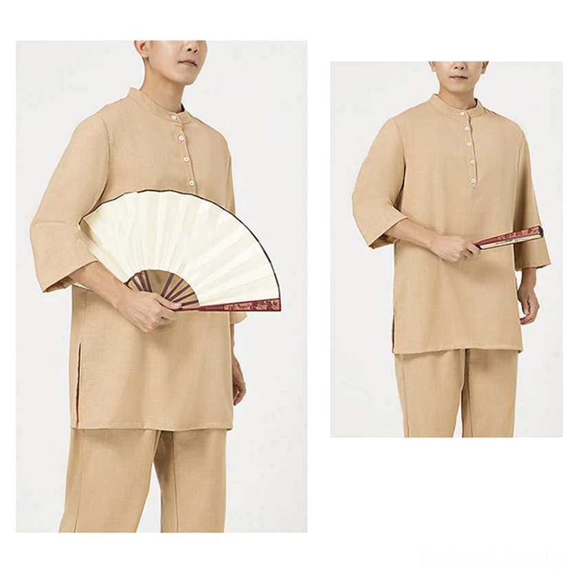 Meditation tai chi uniform showing stand collar and three-quarter sleeve design, eco-friendly cotton linen material
