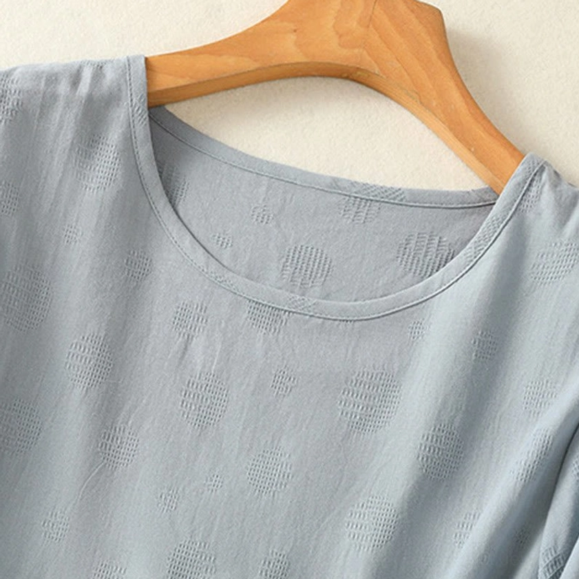Crew neck neckline detail of meditation yoga top - close-up showing cotton fabric texture and quality