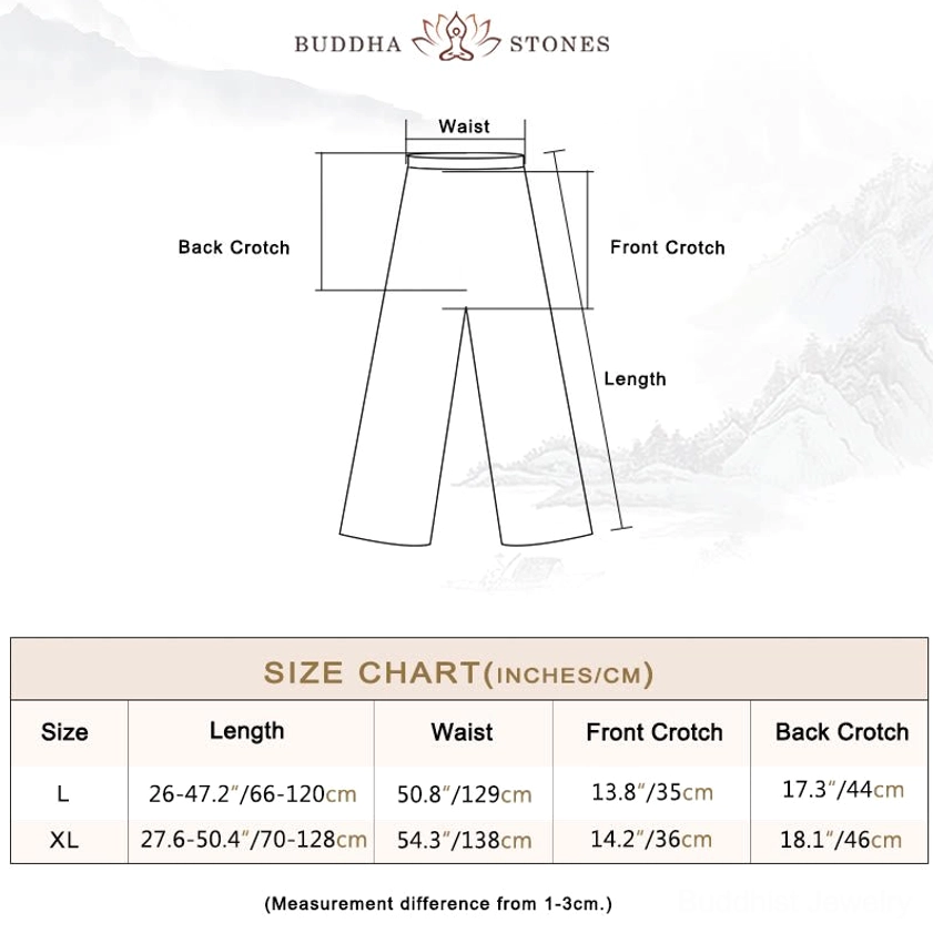 Flat lay size diagram for meditation pants showing waist, crotch, and length specifications
