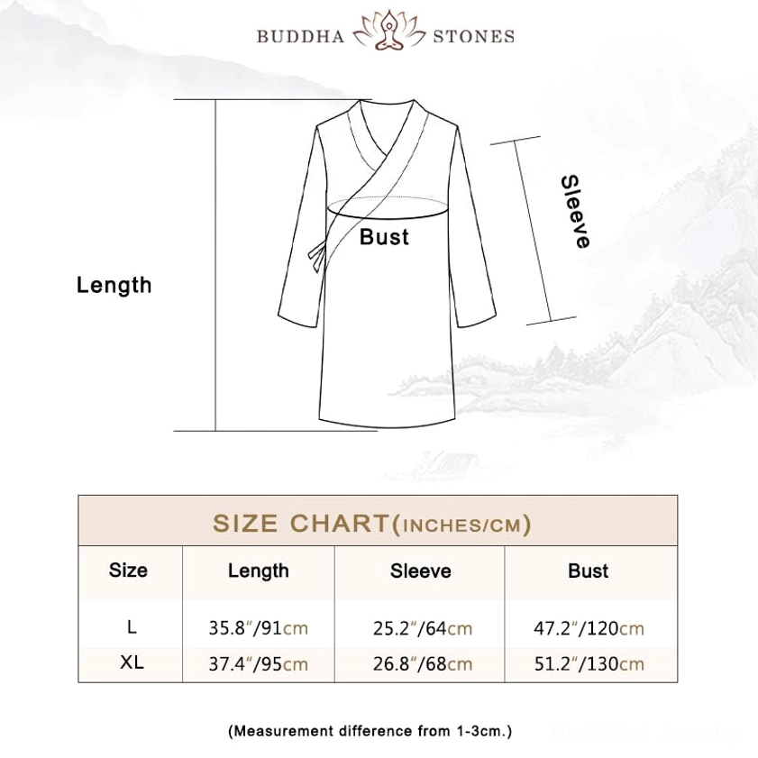 Flat lay size measurement guide for meditation uniform top showing bust, sleeve, and length measurements