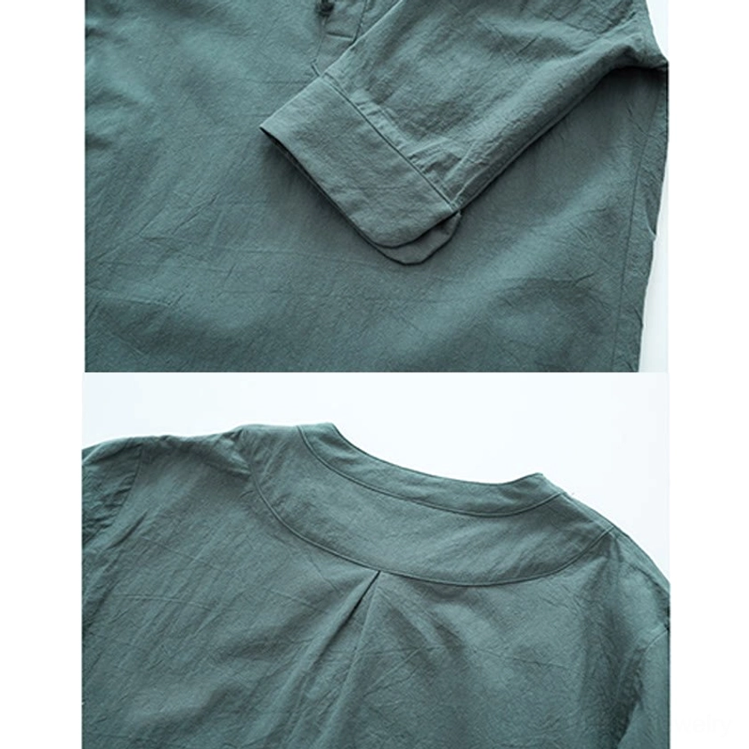Back detail of linen meditation set showing pleated yoke and rolled cuff sleeve construction