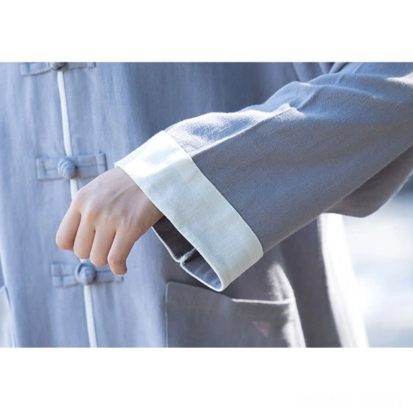 Buddhist-inspired meditation wear set, close-up of elastic waist and pocket details on comfortable practice pants