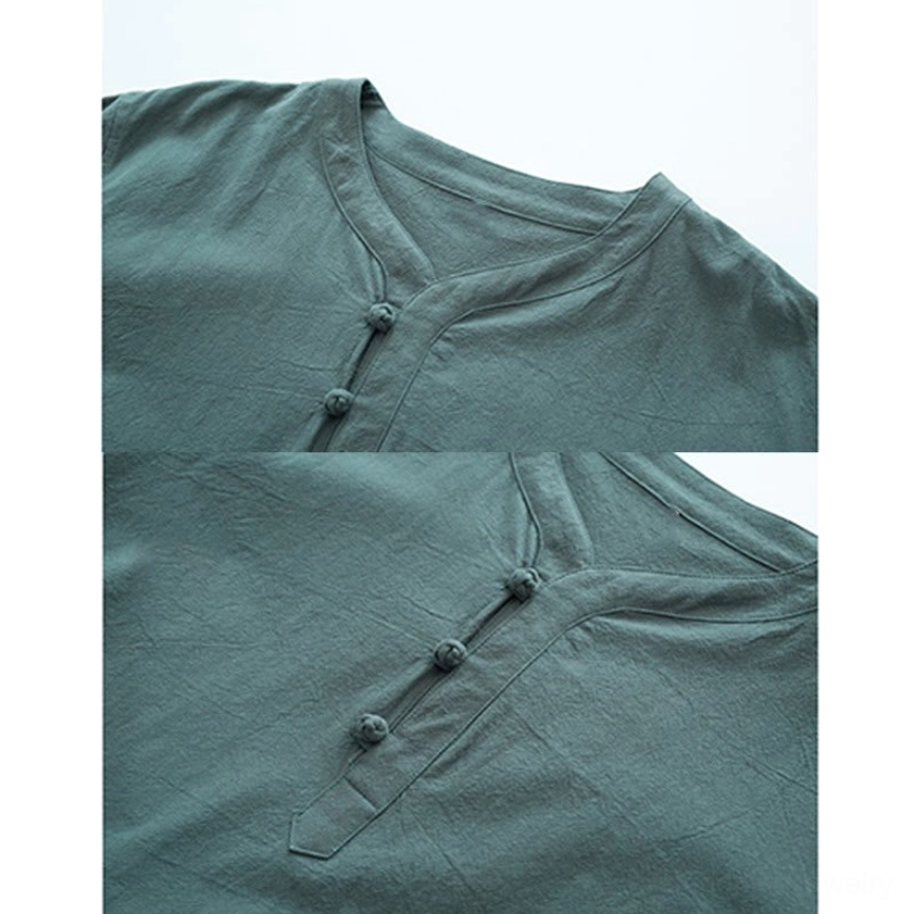 Close-up detail of Buddhist meditation wear frog button V-neck collar and placket on wrinkled linen fabric