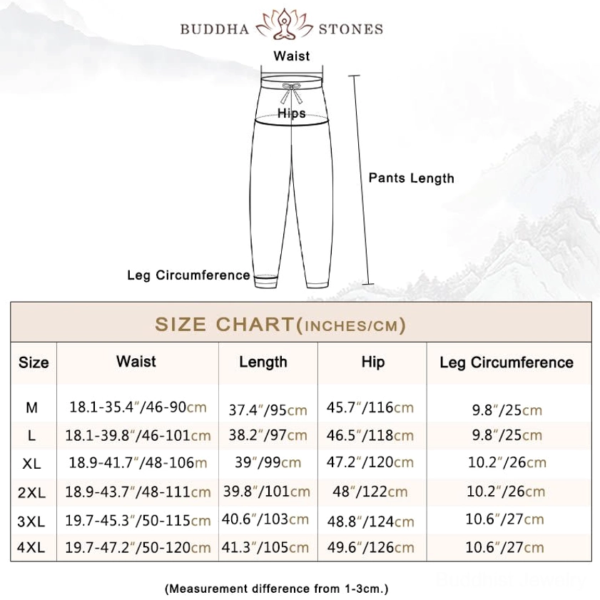 Men's meditation wear pants size chart showing waist hip length and leg circumference specifications