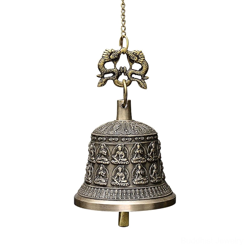 Sacred Buddhist wind chime bell detail showing dragon finial, mantras, and embossed Buddha deities