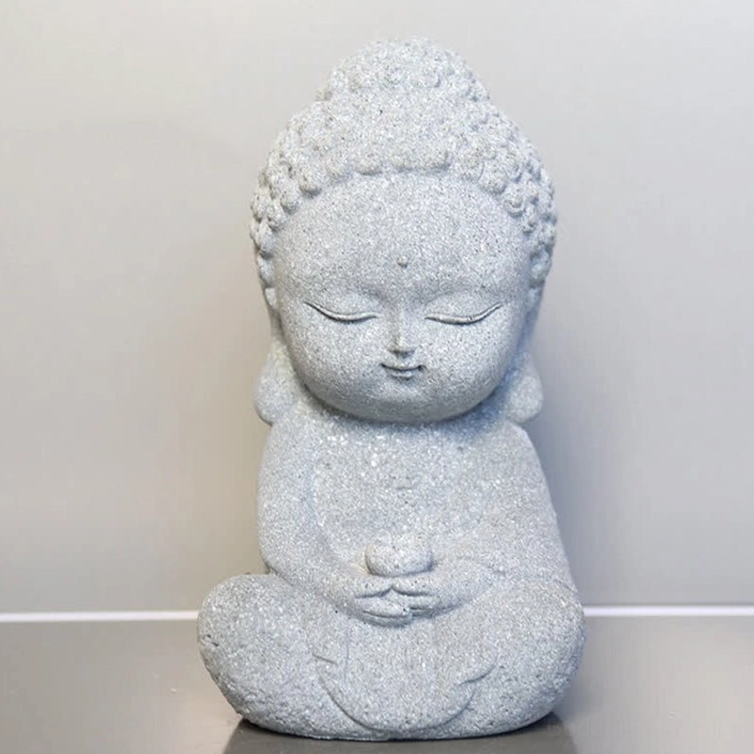 Medium handcrafted sandstone Buddha statue, dark grey stone texture, ideal for meditation altar or feng shui home arrangement