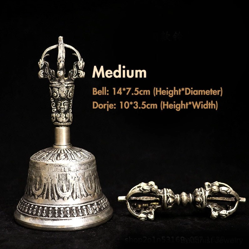Medium size Buddhist meditation bell and vajra dorje set flat lay with labeled dimensions and embossed designs