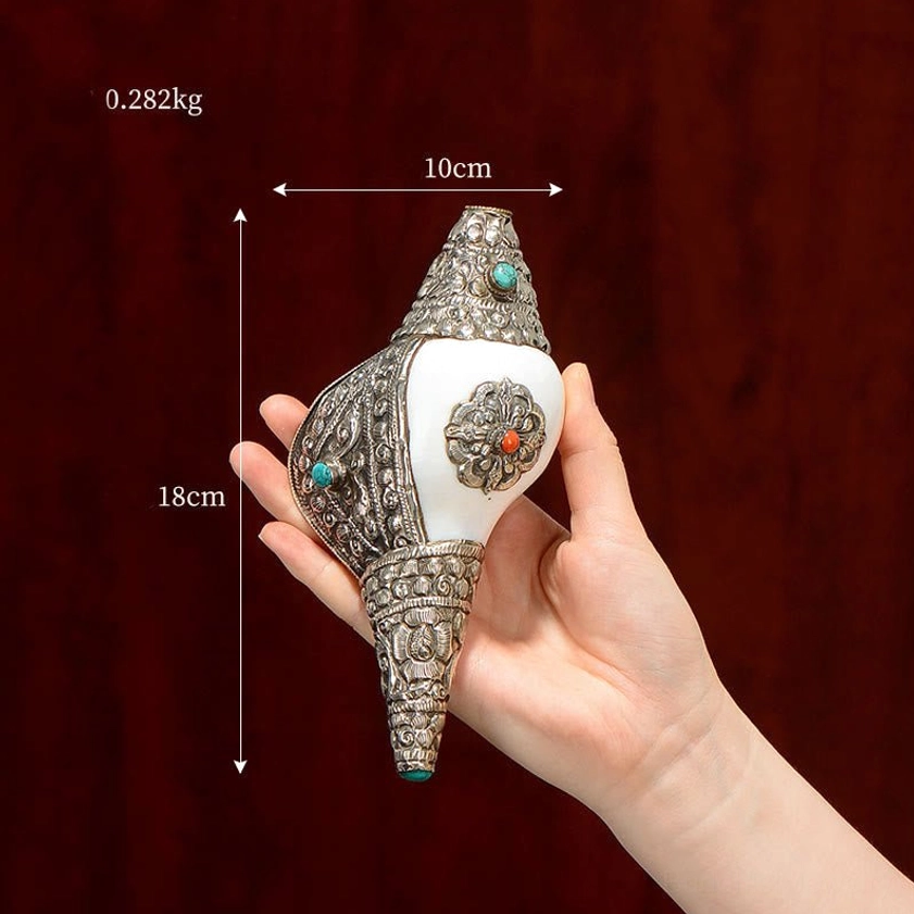 Medium sized Buddhist shankha conch decoration 18cm tall with intricate silver carved details and gem accents