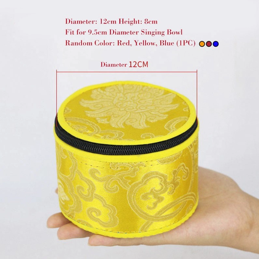 Medium 12cm singing bowl storage bag with yellow brocade pattern side view
