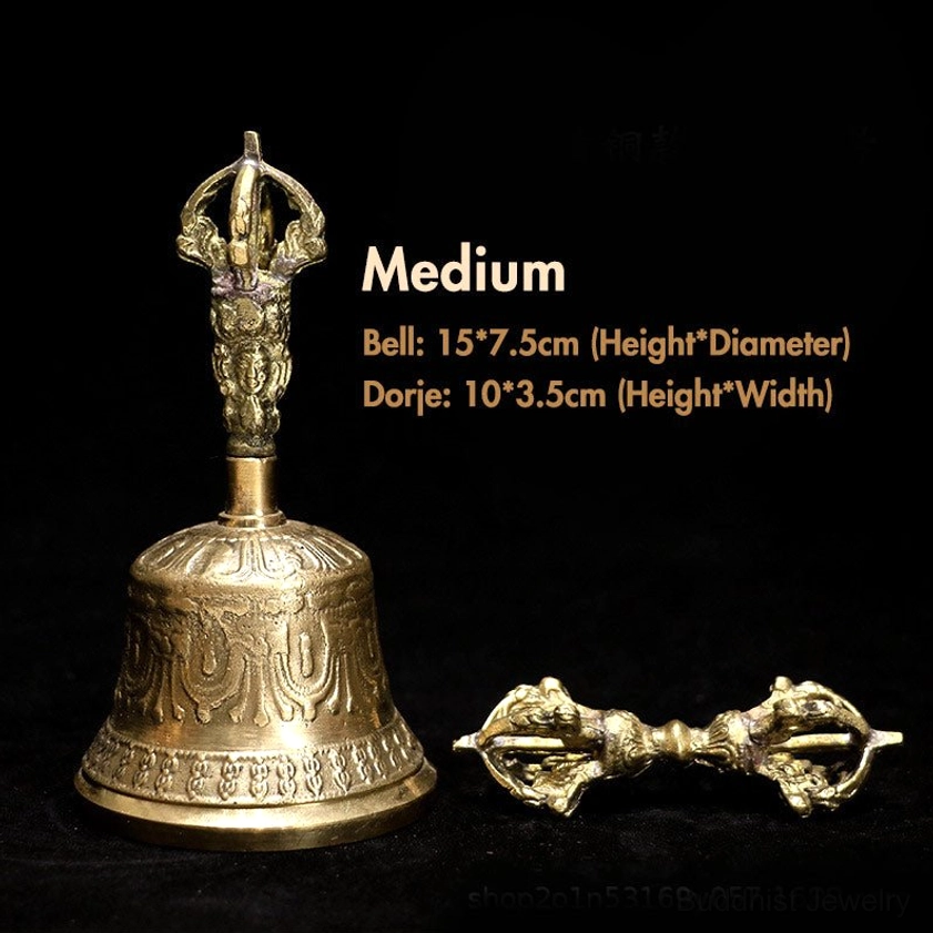 Medium size handmade Buddhist meditation bell and vajra dorje with intricate carved patterns