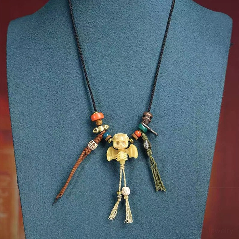 Memento mori skull bone necklace Buddhist spiritual protection pendant with rope cord