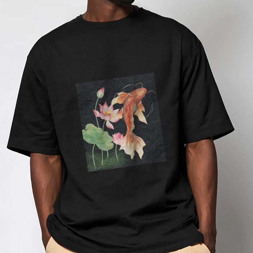 Male model front view wearing loose fit black Buddhist t-shirt with koi fish lotus graphic print