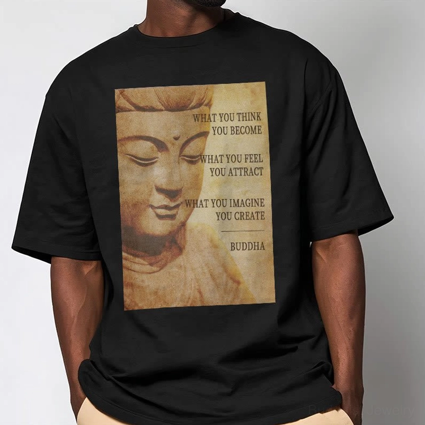Men wearing oversized black Buddhist t-shirt indoor studio, relaxed silhouette with inspirational quote print