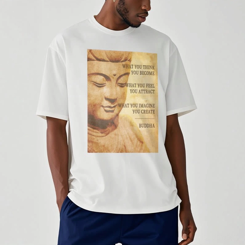 Men wearing white Buddha quote t-shirt indoor studio, relaxed fit casual style with inspirational vintage print