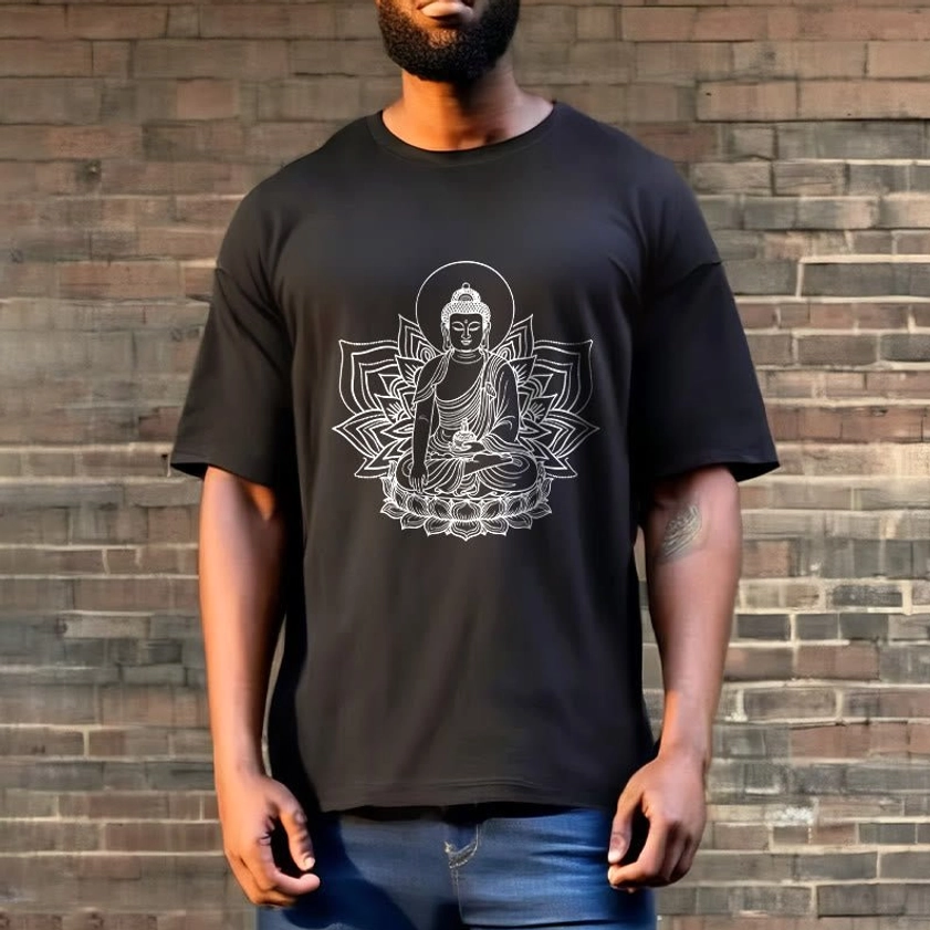 Men's casual Medicine Buddha cotton t-shirt full body model view with jeans outdoors