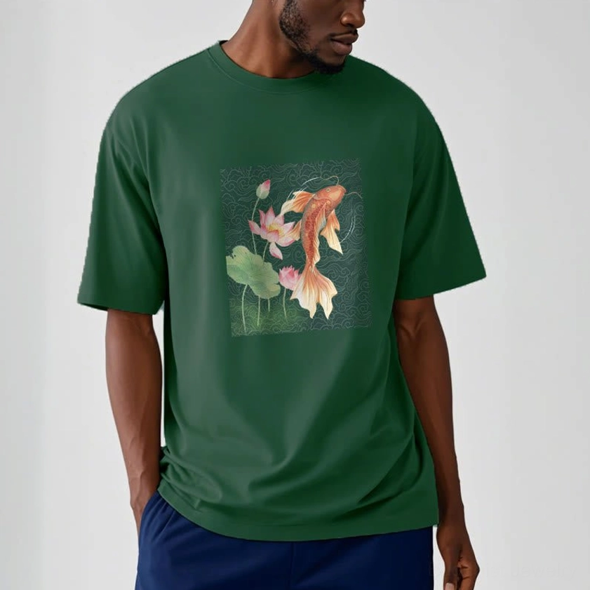 Male model wearing plum Buddhist t-shirt with koi lotus spiritual design casual styling