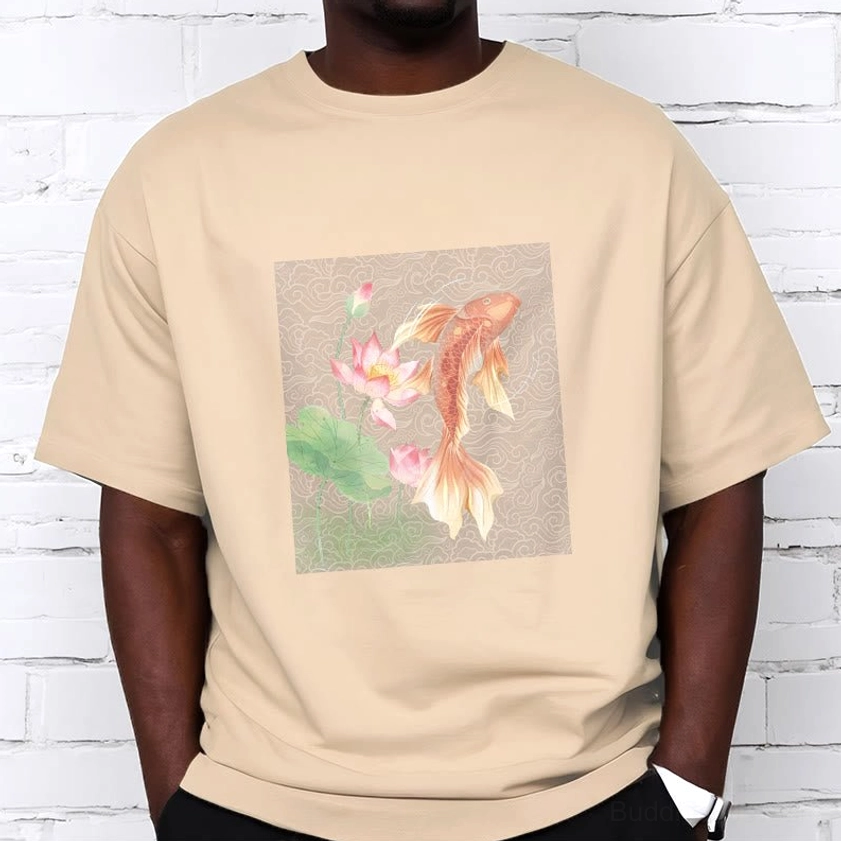 Male model casual wear with plum Buddhist t-shirt featuring koi fish lotus spiritual artwork