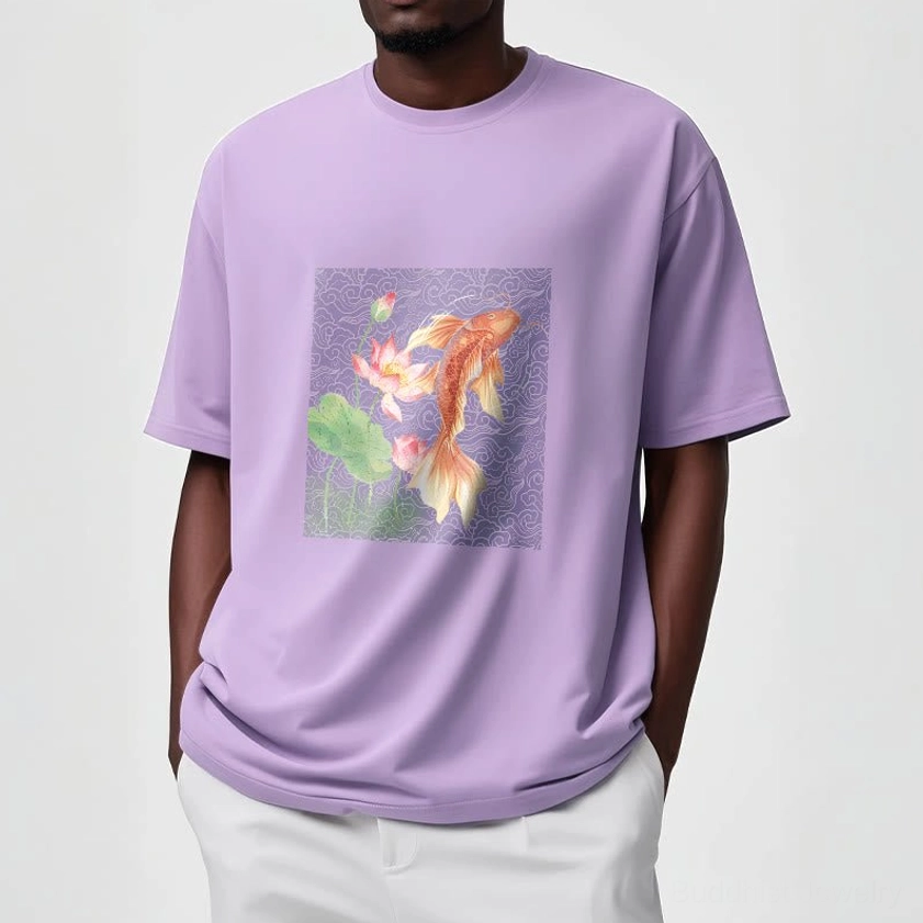 Male model wearing plum Buddhist t-shirt with koi fish lotus design relaxed fit styling