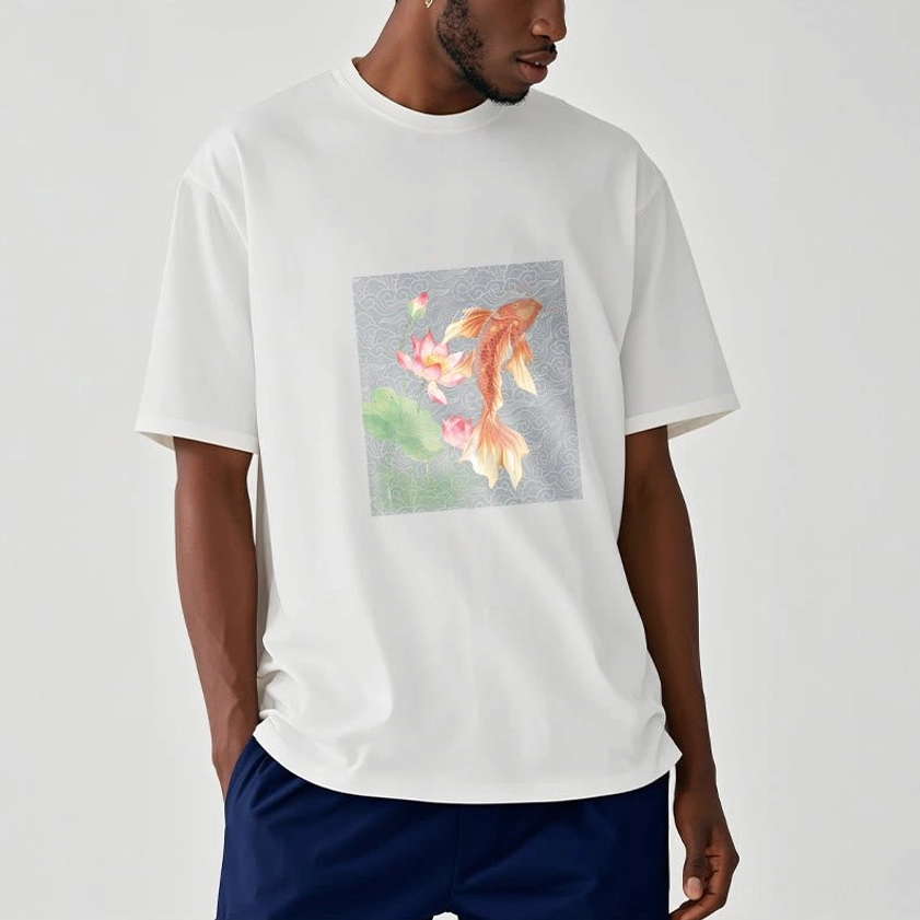 Male model wearing white Buddhist koi fish lotus cotton t-shirt with casual loose fit styling