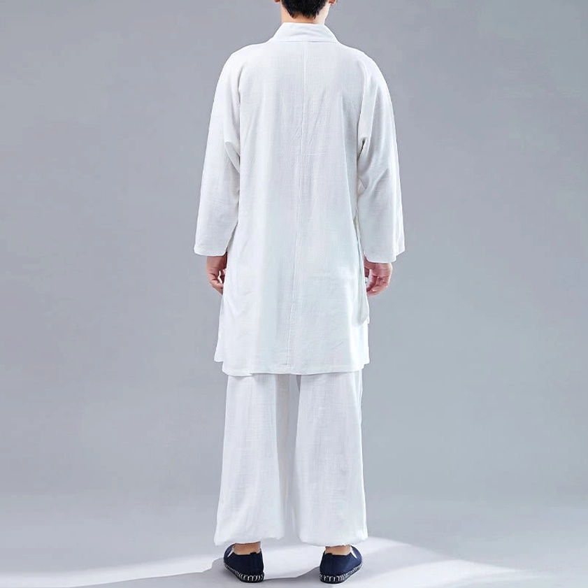 Back view of men's meditation uniform showing long tunic top and matching wide-leg pants