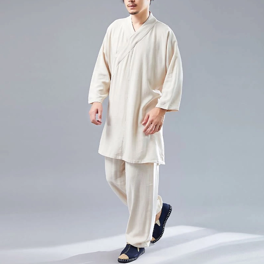 Front full-body view of man in beige linen Tai Chi meditation clothing set with natural color