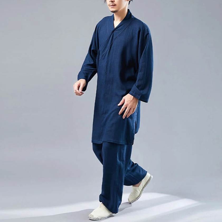Close-up showing fabric quality and natural fiber composition of steel blue uniform
