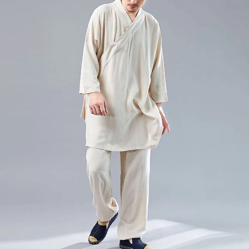 Close-up of beige linen meditation uniform fabric quality and natural texture