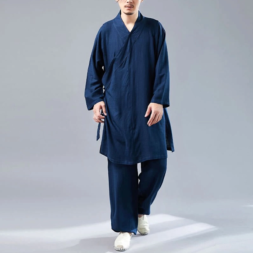 Detailed view of steel blue meditation uniform collar and top quality