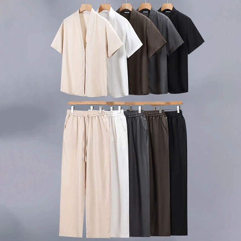 Beige men's meditation set with matching beige shirt and beige pants minimalist design front flat lay display