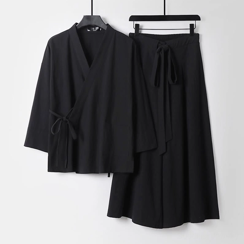 Men's black Buddhist meditation kimono loungewear set with wrap top and wide-leg pants