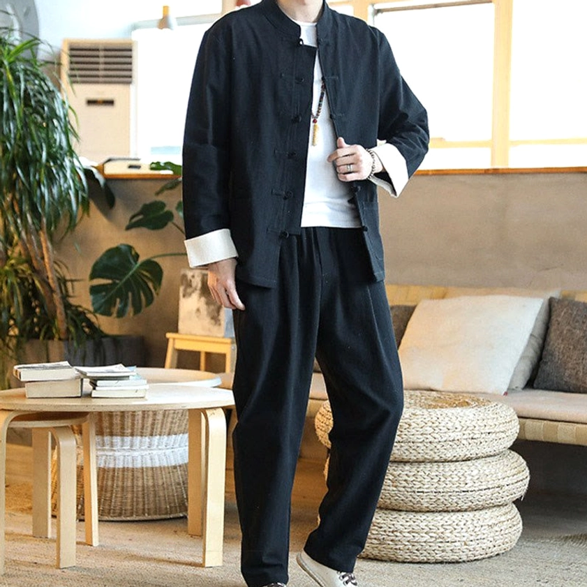 Black Buddhist Tang suit for men with elastic waist pants and functional pockets