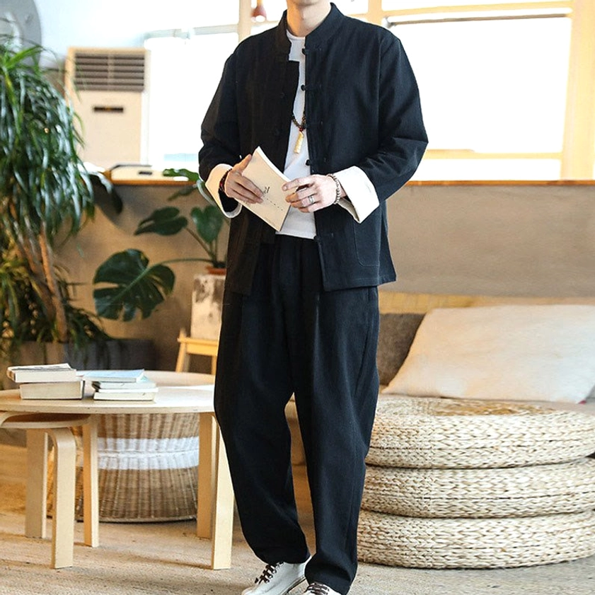 Men's black Buddhist Zen Tang suit, versatile two-piece set for gift-giving and personal wear