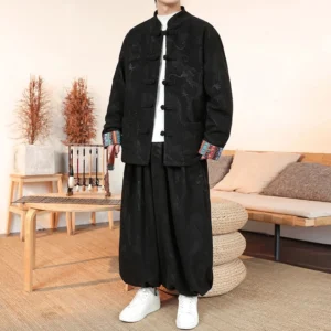 Men's black dragon Tang suit two-piece set with traditional frog buttons and stand collar, front full-body view