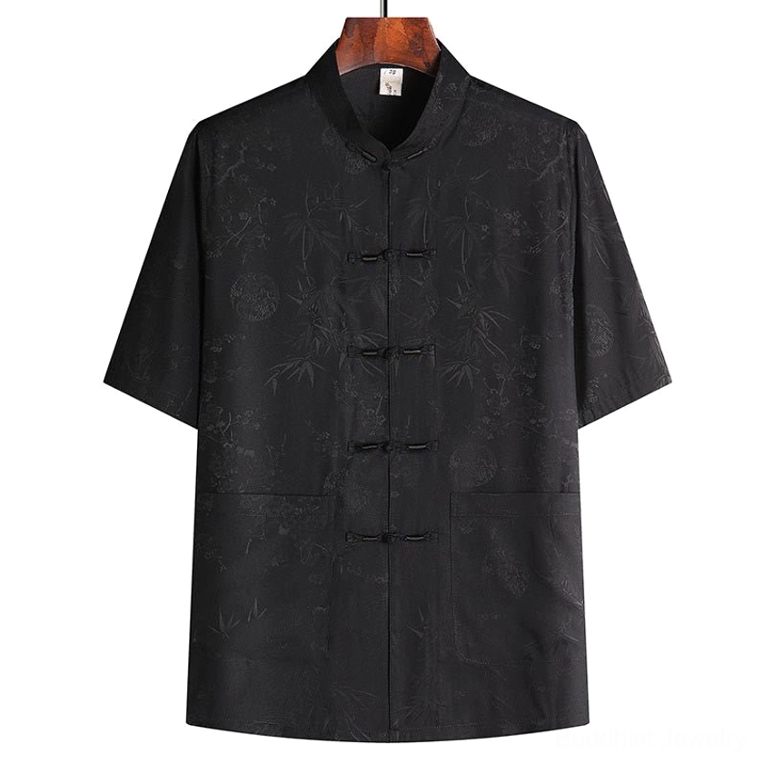 Solid black jacquard men's tang suit short sleeve top with traditional stand collar and frog fasteners