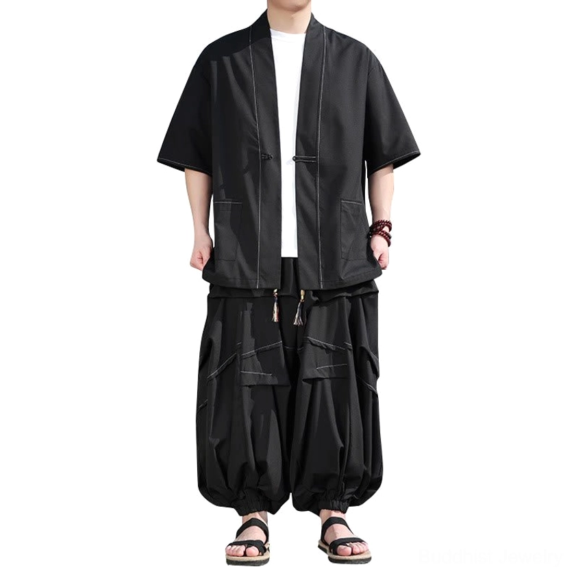 Men's black meditation kimono jacket and wide-leg pants set, clean studio display without accessories