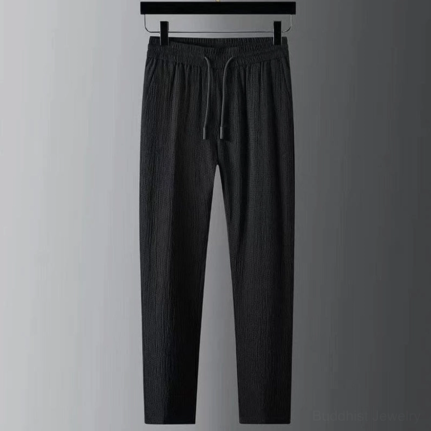 Men's drawstring elastic waist meditation linen pants, black straight leg cut front view