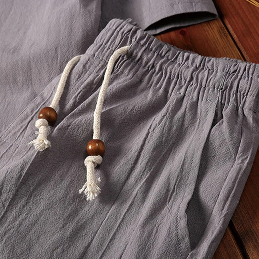 Black men's meditation henley top and shorts set, cotton linen blend fabric