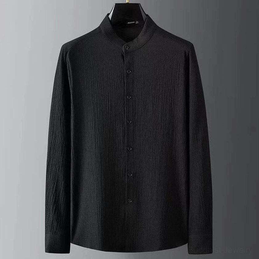 Men's black Buddhist meditation linen long sleeve shirt, front close-up with hidden button placket