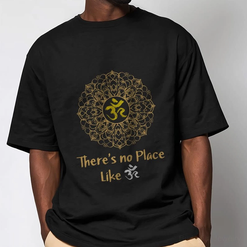 Men's black mandala Om graphic tee worn by male model in side-front pose, casual unisex fit
