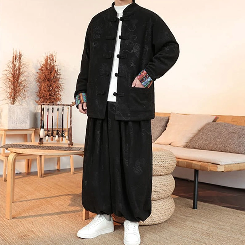 Back view of black dragon Tang suit, showing stand collar design and cropped ankle-length pants