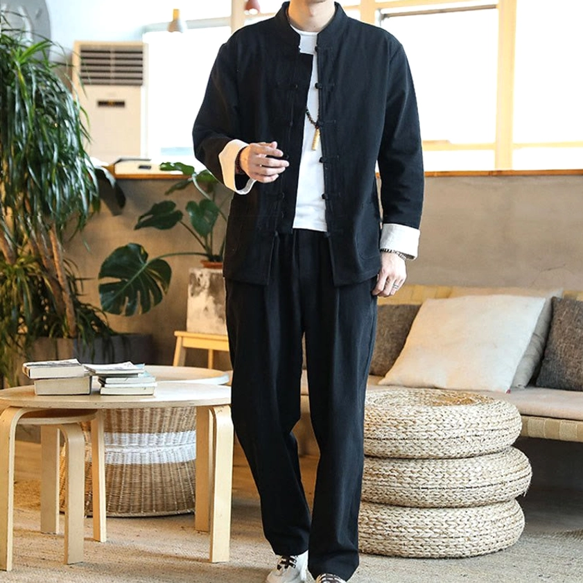 Black Tang suit for men, premium breathable fabric ideal for meditation and tai chi practice